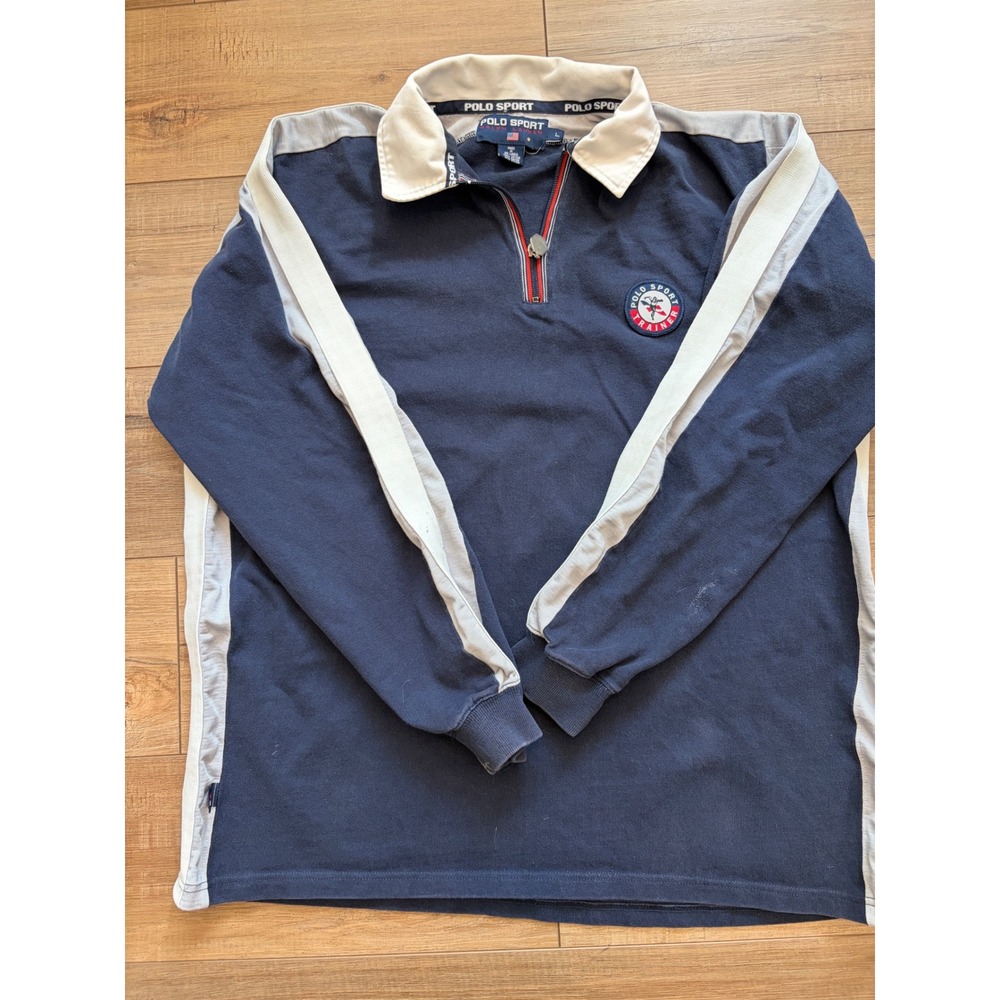 Vintage Polo Sport Ralph Lauren Trainer Quarter Zip Rugby Navy Blue Large